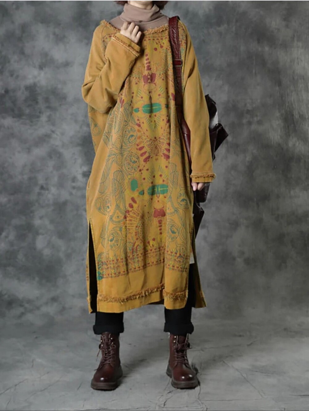 BUYKUD Plus Size Autumn Ethnic Tribal Print O-Neck Loose Cotton Dress Sz M/L